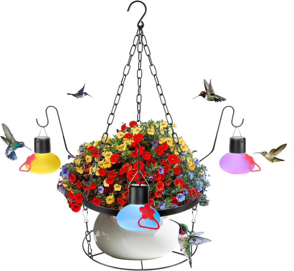 Headak Life Solar Hummingbird feeders for Outdoors with Hanging Planter(11 inch),Black Hanging Plant Holder and Glass Hummingbird Feeder 2-in-1(POTS NOT Included)