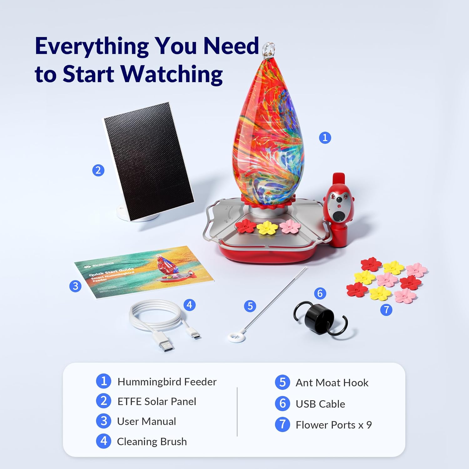 Glass Smart Hummingbird Feeder with Camera - 350+ AI Bird Identification, 2K QHD Video, Solar Powered, Nectar Level & Freshness Alerts, Leakproof Base & Ant Moat, Gift for Bird Lovers
