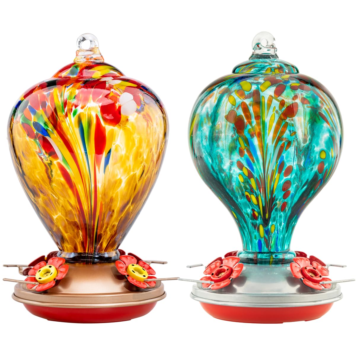2 Packs Hummingbird Feeder for Outdoors Hanging Ant and Bee Proof, 32OZ & 34OZ, Hand Blown Glass Hummingbird Feeders for Outside, Blue & Teal