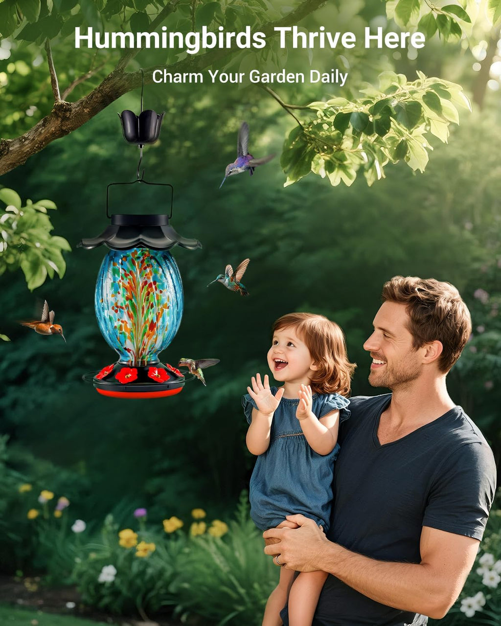 HouseSapp Solar Hummingbird Feeder - 49 fl.oz Hand Blown Glass Color Changing - 7 Feeding Ports with Perch - Never Leak - Perfect Hummingbird Feeder for Outdoors Hanging (Blue)