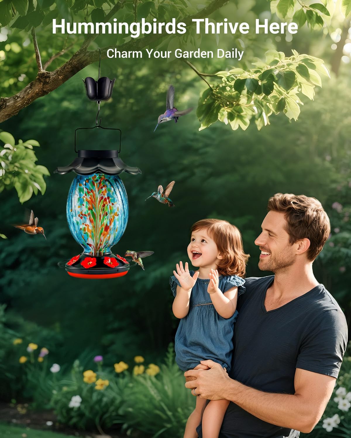 HouseSapp Solar Hummingbird Feeder - 49 fl.oz Hand Blown Glass Color Changing - 7 Feeding Ports with Perch - Never Leak - Perfect Hummingbird Feeder for Outdoors Hanging (Blue)