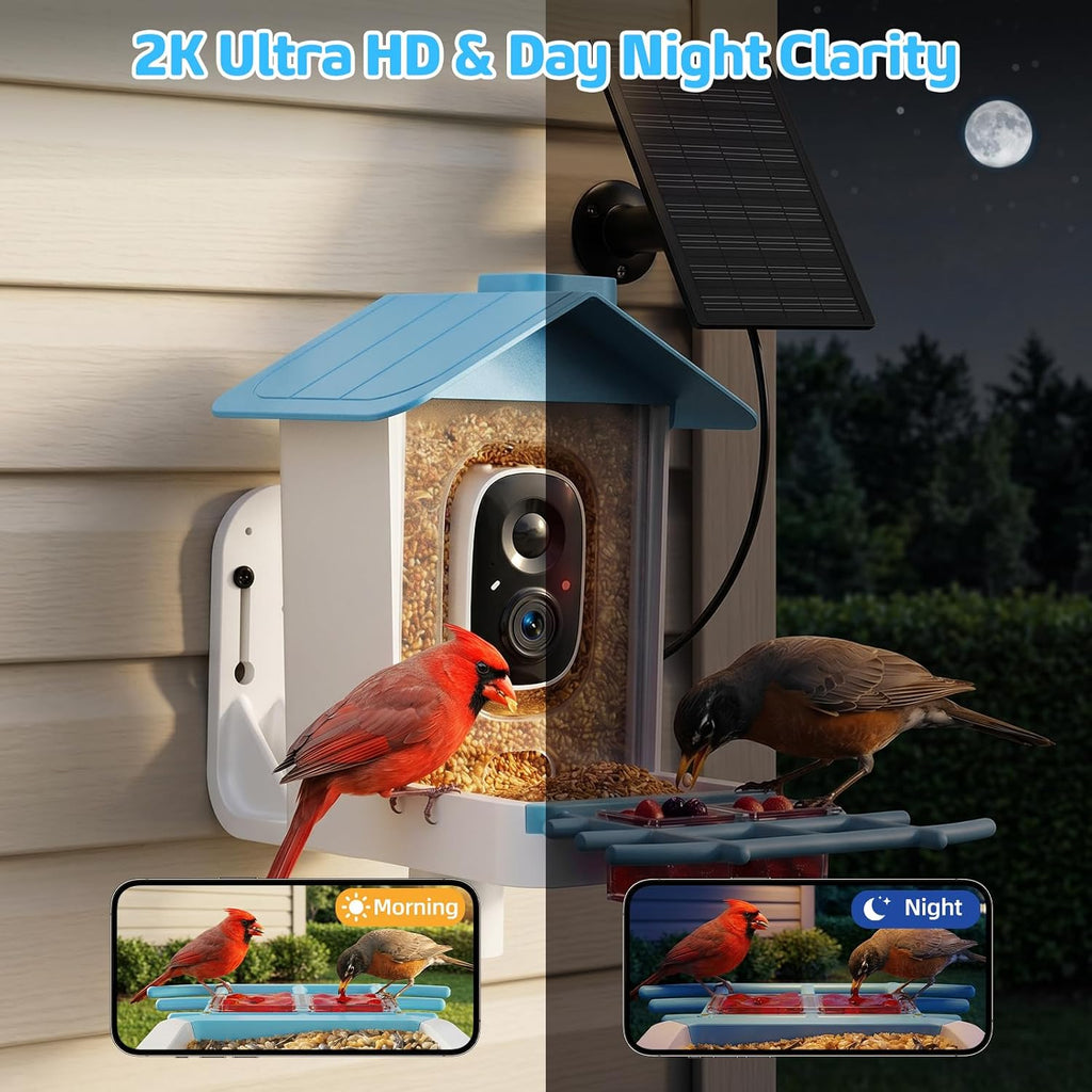 Bird Feeder with Camera 2K HD AI Smart Identify BirdSpecies Solar Panel Outdoors Birdhouse with Cam, Instant Arrival Alerts, Capture BirdVideo, Gifts for Mom Dad