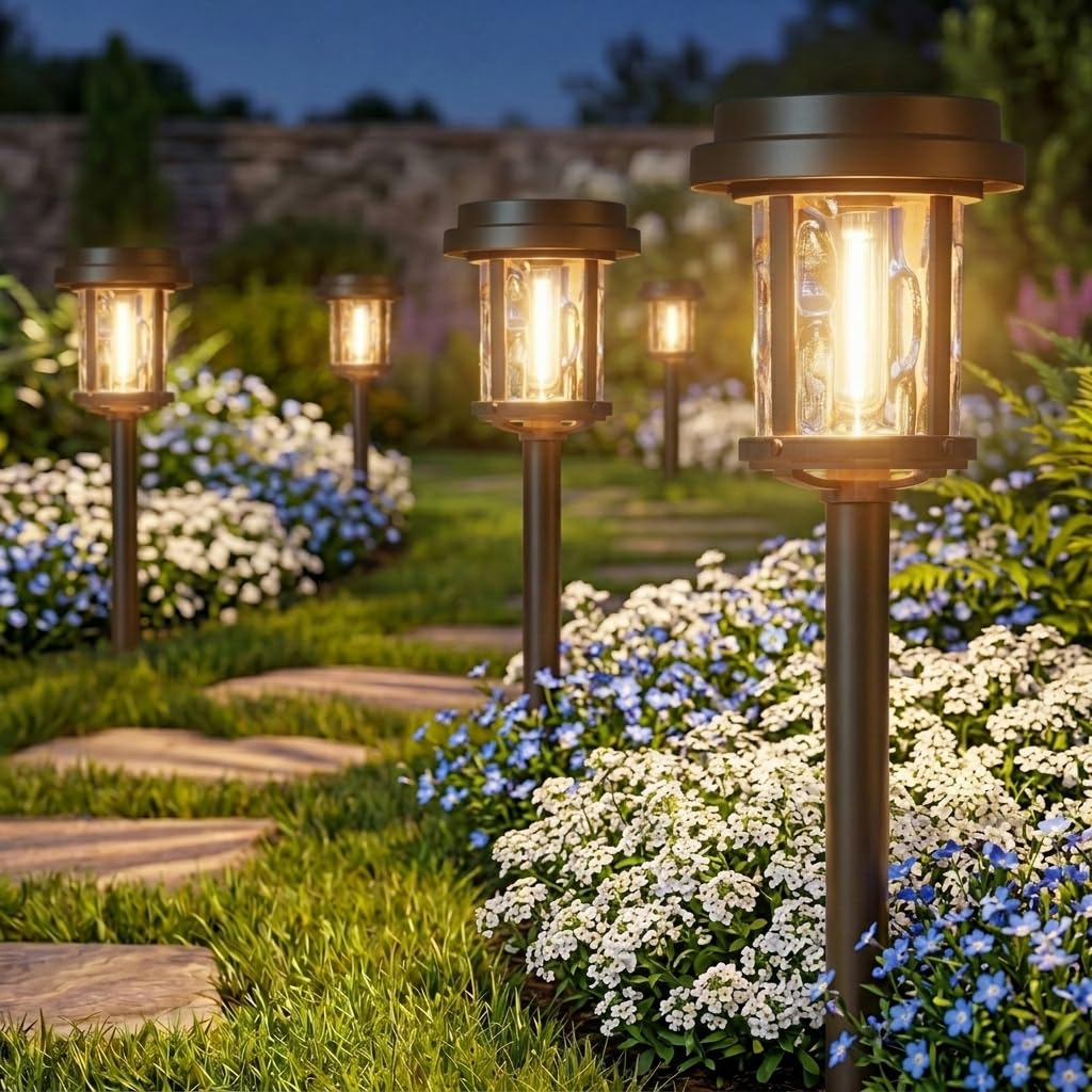 XMCOSY+ Solar Pathway Lights Outdoor, Garden Lights with Metal & Glass, 20 LM Warm Bright Light, Outside Solar Powered Lights for Yard Waterproof Landscape Lighting Walkway(Black & Grey)