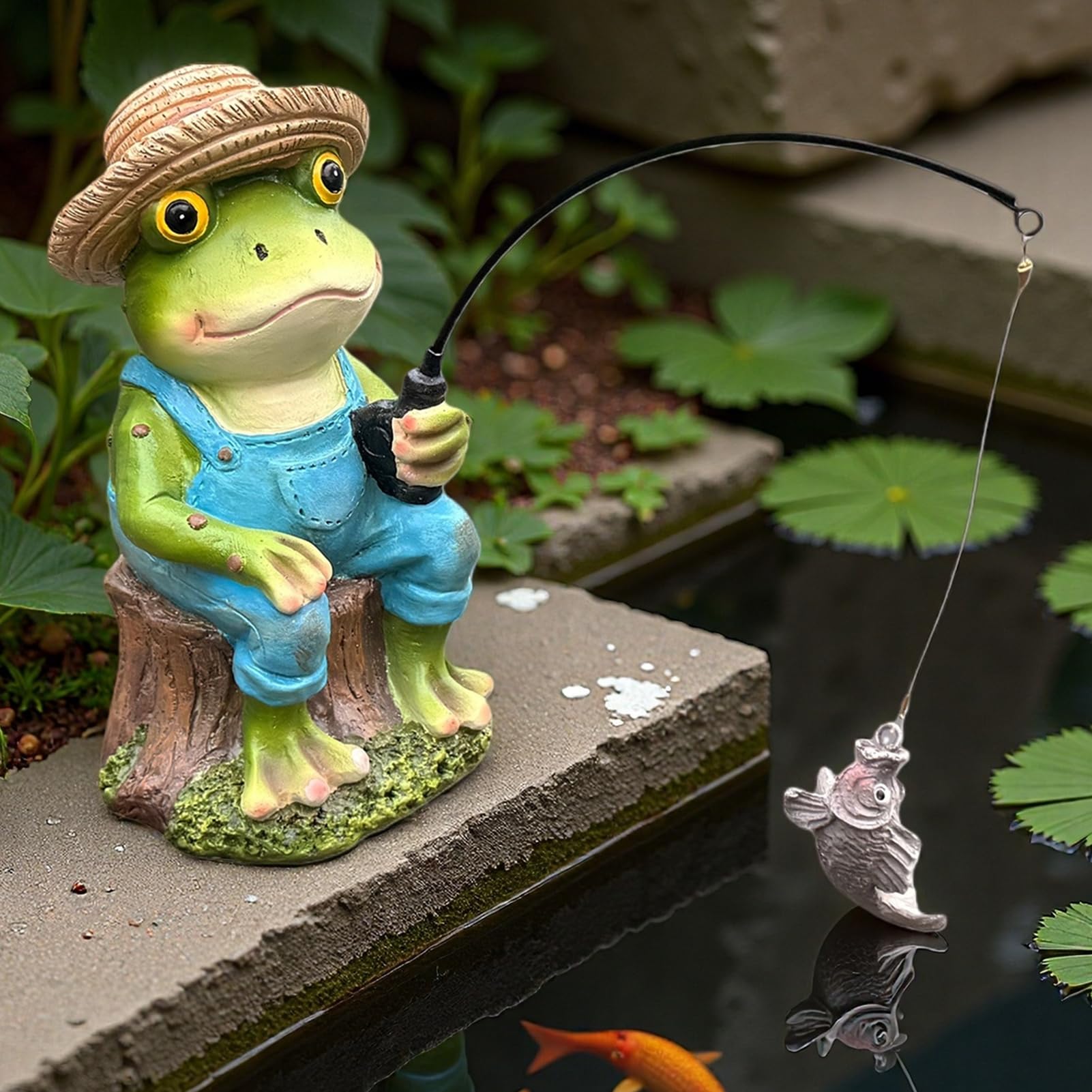 Gnomes Decoration for Yard Outdoor Garden Decor 9.7 Inch Tall Fishing Gnome Statue for Koi Pond, Waterfalls or Poolside Ornaments, Fisher Guy Outdoor Statues, Gift for Mom & Women
