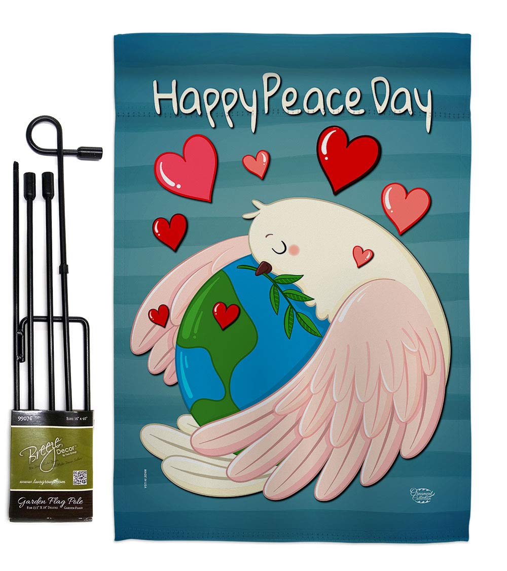 Happy Peace Day Burlap Burlap Garden Flag Set Wall Holder Sweet Life Earth Support Environmental Protection Small Decorative Gift Yard House Banner Double-Sided Made In USA 13 X 18.5