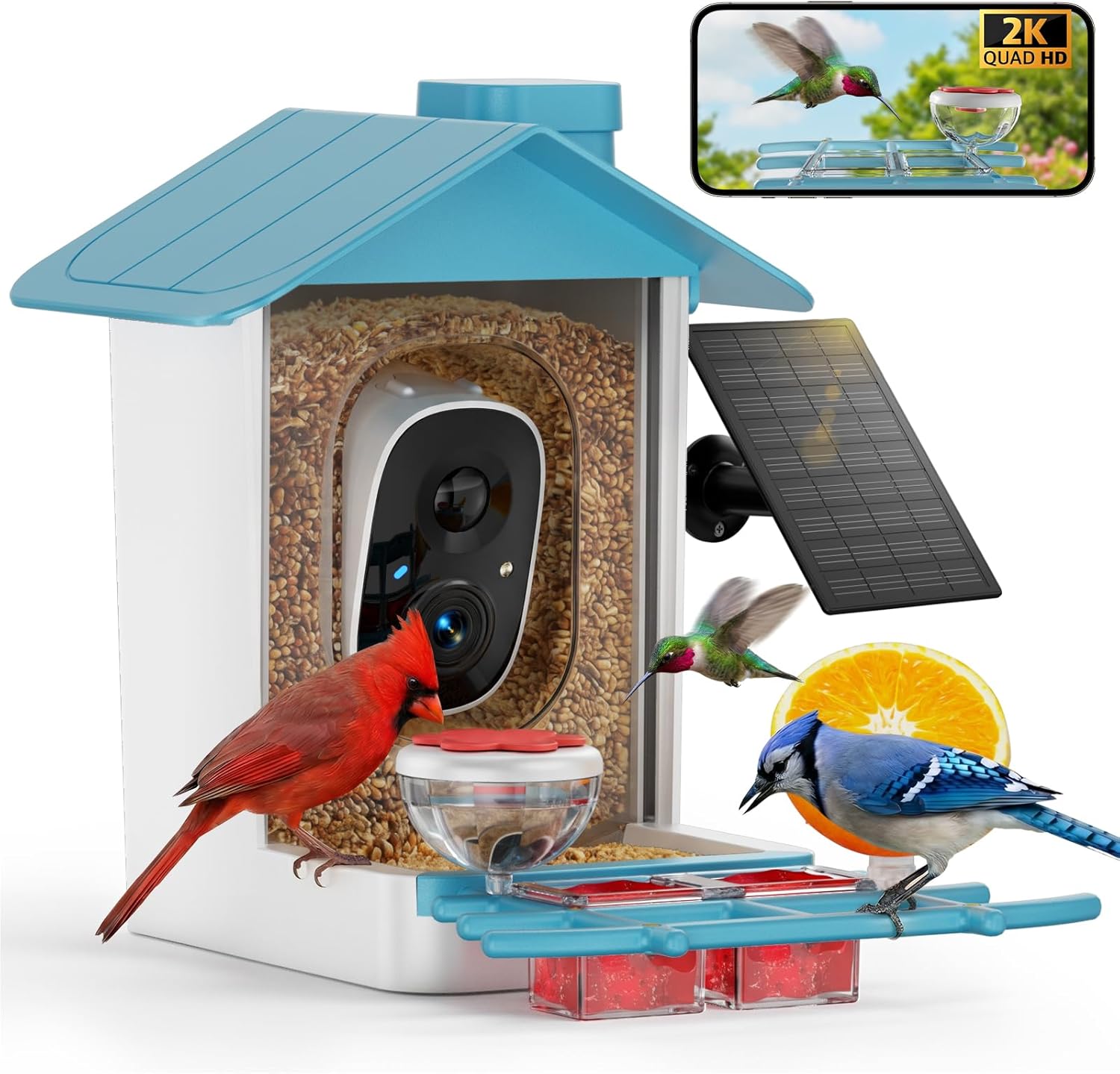 Bird Feeder with Camera 2K HD AI Smart Identify BirdSpecies Solar Panel Outdoors Birdhouse with Cam, Instant Arrival Alerts, Capture BirdVideo, Gifts for Mom Dad