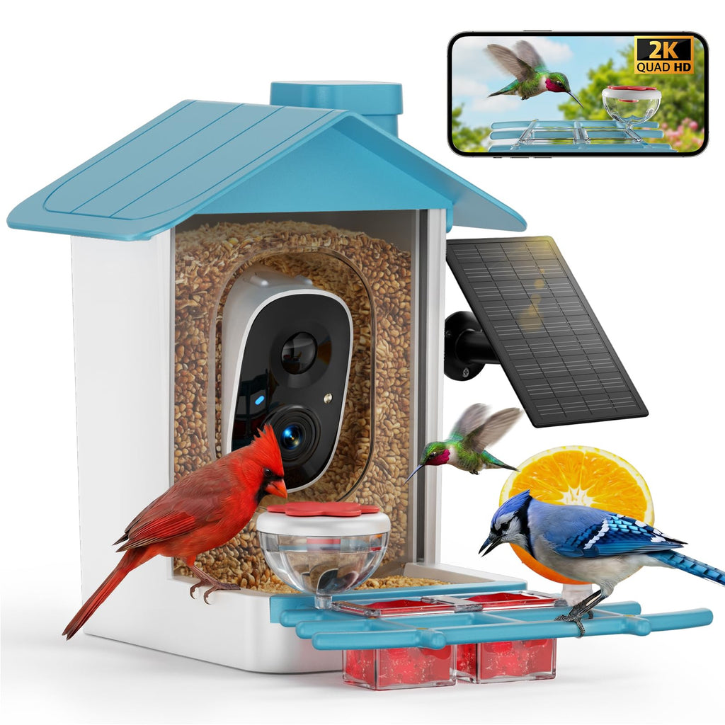 Bird Feeder with Camera 2K HD AI Smart Identify BirdSpecies Solar Panel Outdoors Birdhouse with Cam, Instant Arrival Alerts, Capture BirdVideo, Gifts for Mom Dad