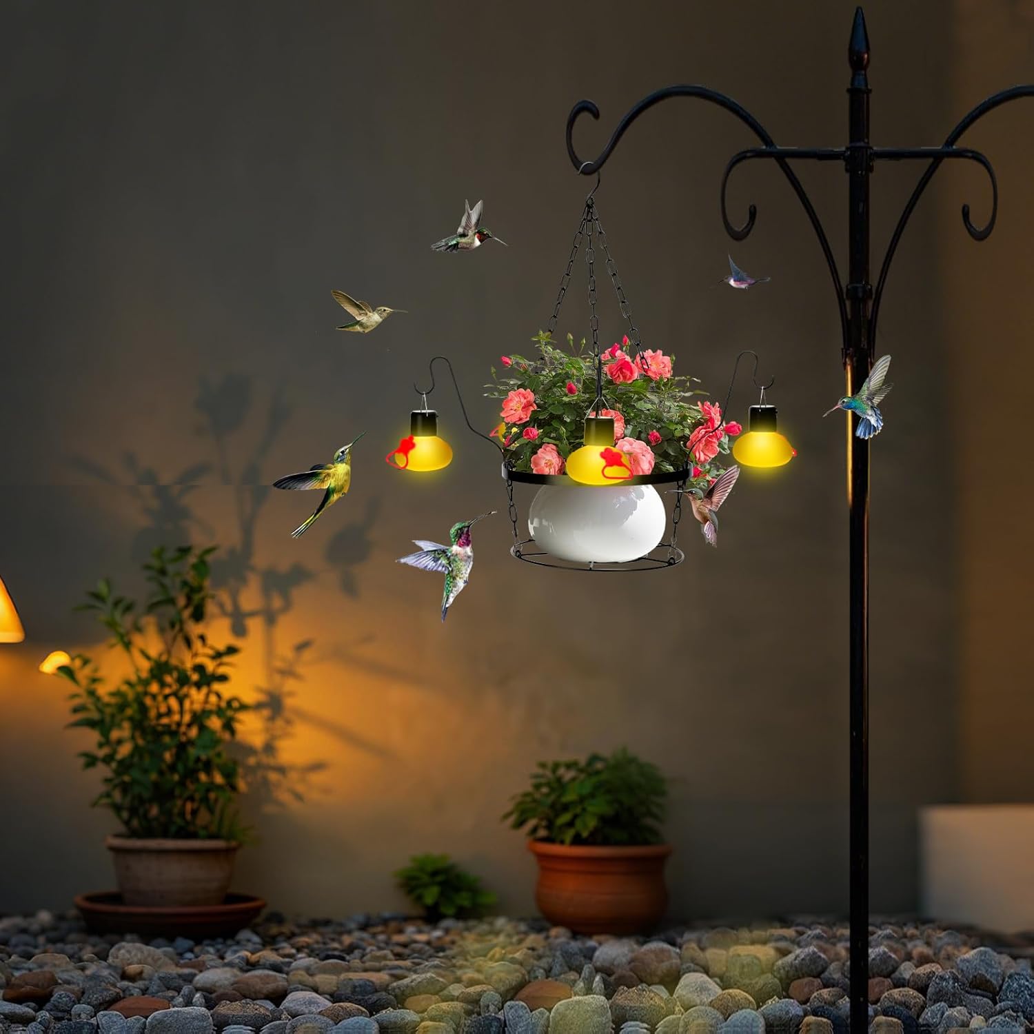 Headak Life Solar Hummingbird feeders for Outdoors with Hanging Planter(11 inch),Black Hanging Plant Holder and Glass Hummingbird Feeder 2-in-1(POTS NOT Included)