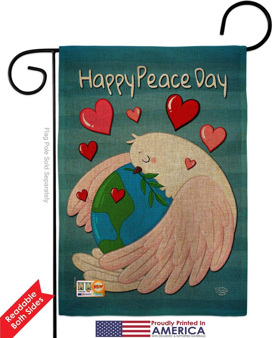 Happy Peace Day Burlap Burlap Garden Flag Set Wall Holder Sweet Life Earth Support Environmental Protection Small Decorative Gift Yard House Banner Double-Sided Made In USA 13 X 18.5