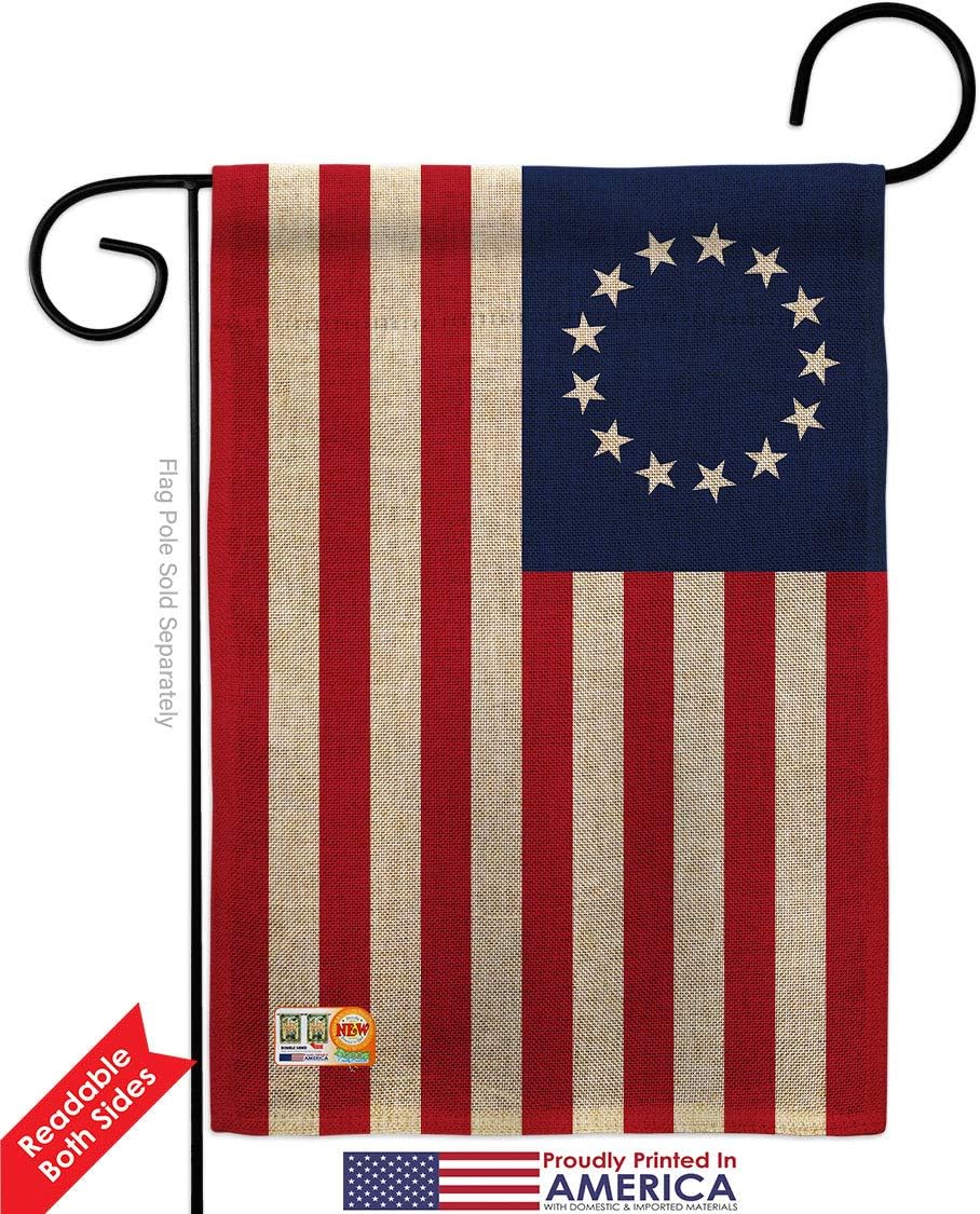 Betsy Ross Burlap Garden Flag Set Wood Dowel Americana US Historic July Memorial Veteran Independence United State American Small Decorative Gift Yard House Banner Double-Sided Made In USA 13 X 18.5