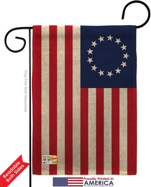 Betsy Ross Burlap Garden Flag Set Wood Dowel Americana US Historic July Memorial Veteran Independence United State American Small Decorative Gift Yard House Banner Double-Sided Made In USA 13 X 18.5