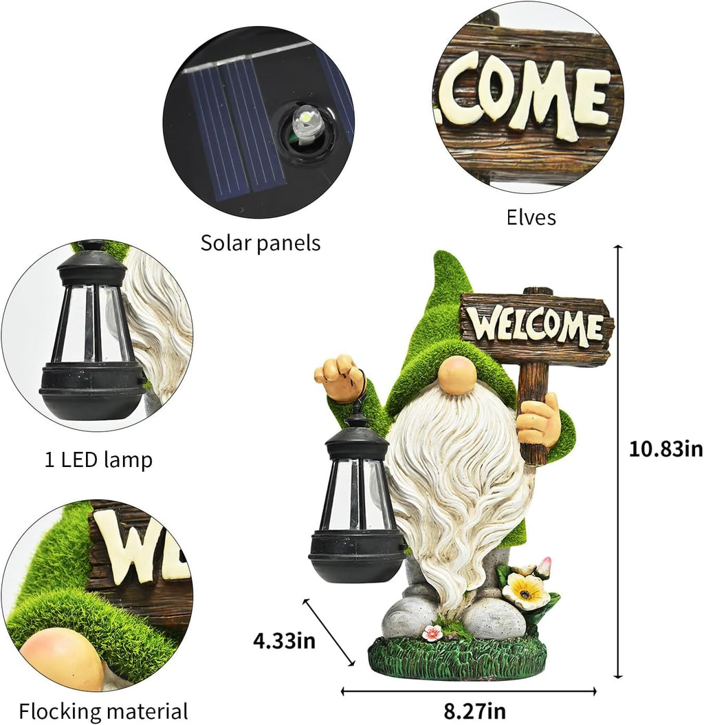 10.8" Solar LED Garden Gnome Statue with Welcome Sign, Outdoor Yard Lawn Decor