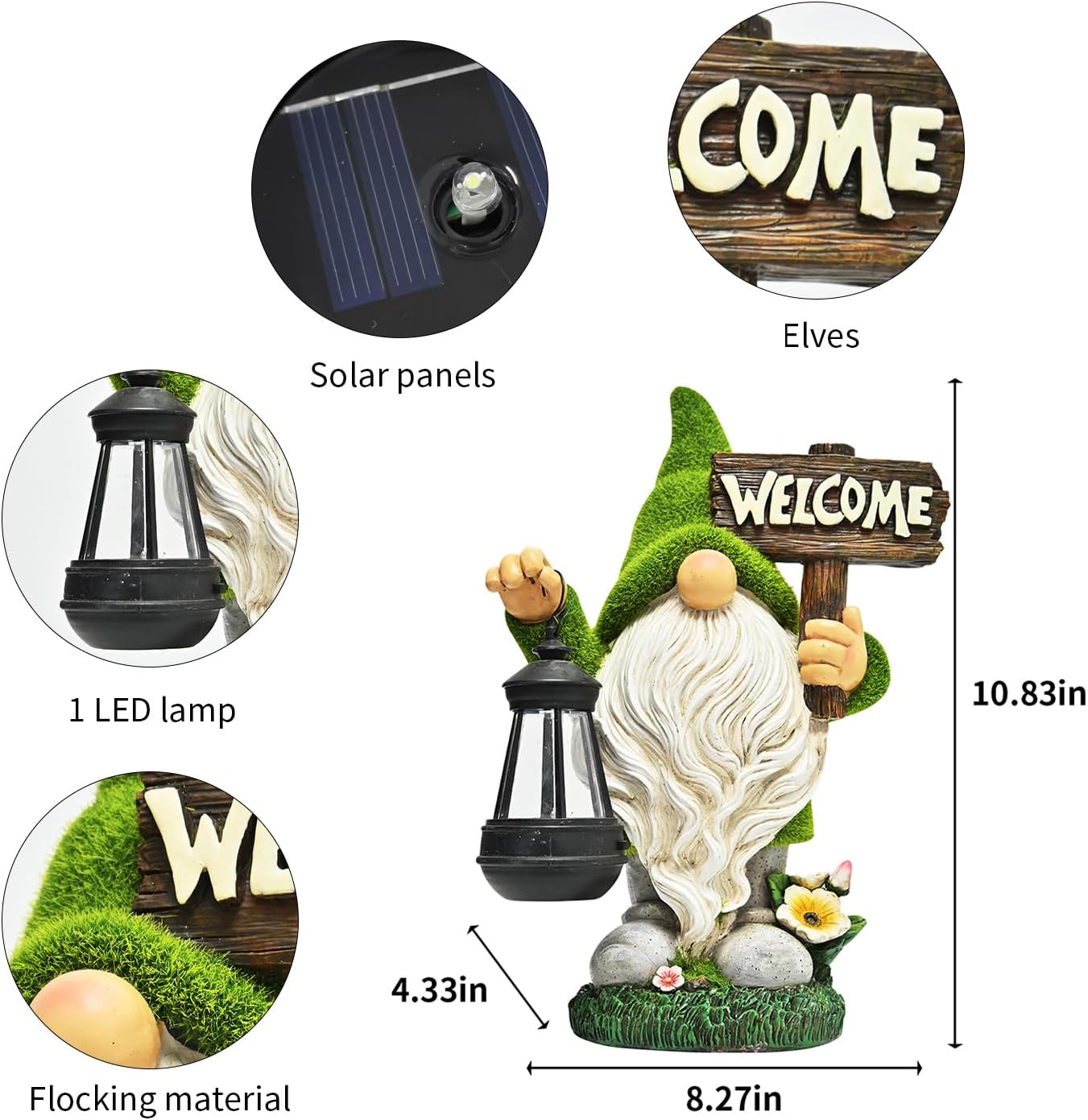 10.8" Solar LED Garden Gnome Statue with Welcome Sign, Outdoor Yard Lawn Decor