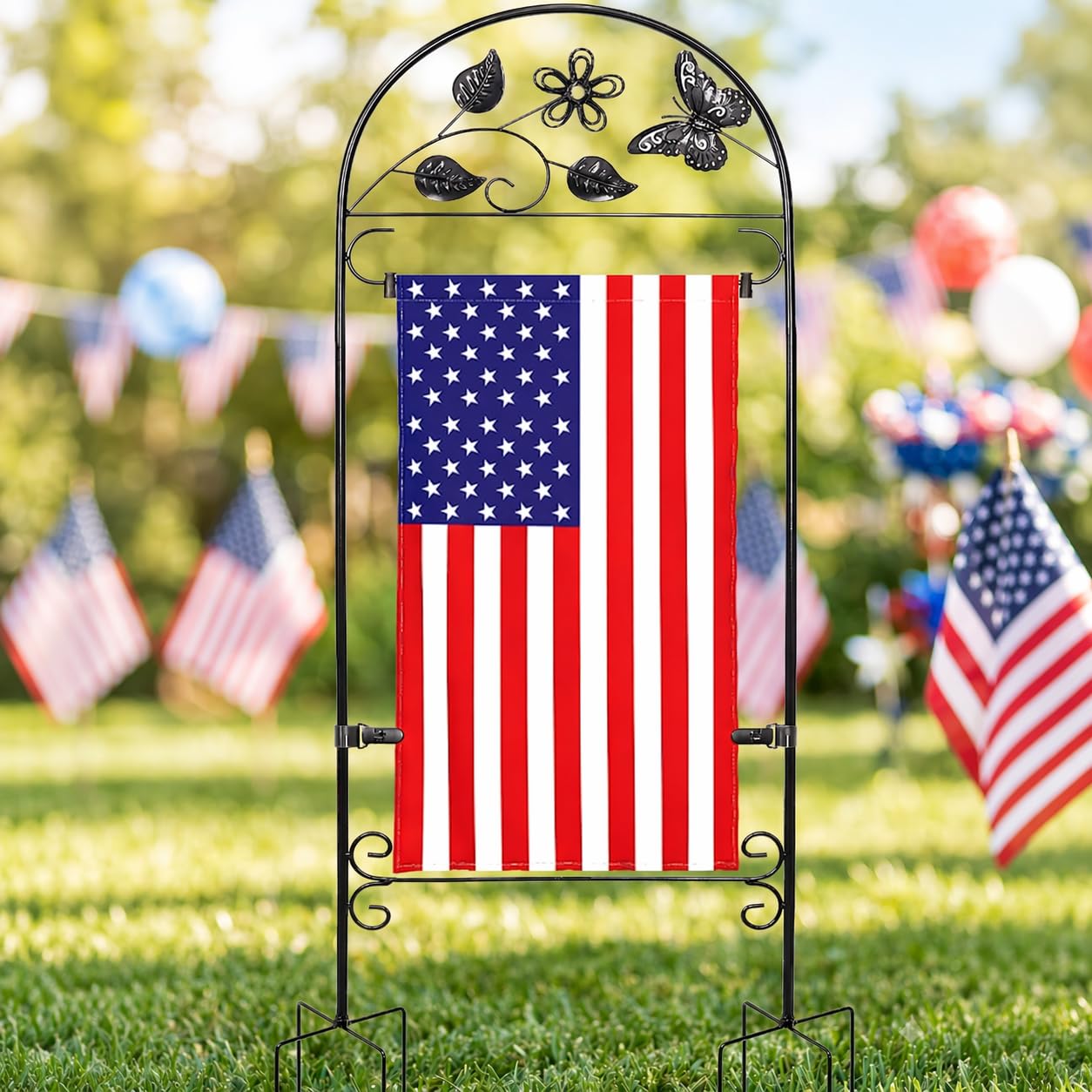 Heavy Duty 8-Prong Flag Holder Stand, Windproof Yard Flag Pole with Velcro Clips