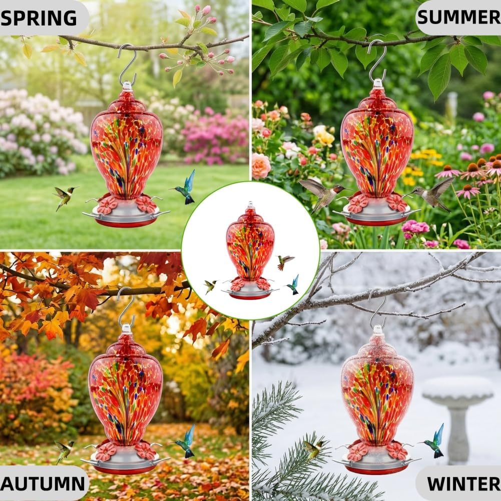 2 Pack Unique Hand Blown Glass Hummingbird Feeders for Outdoors Hanging Patio Garden Decorations Hummingbird Feeder with Ant Moat Hook Brush and Service Card (Blue and Fire)