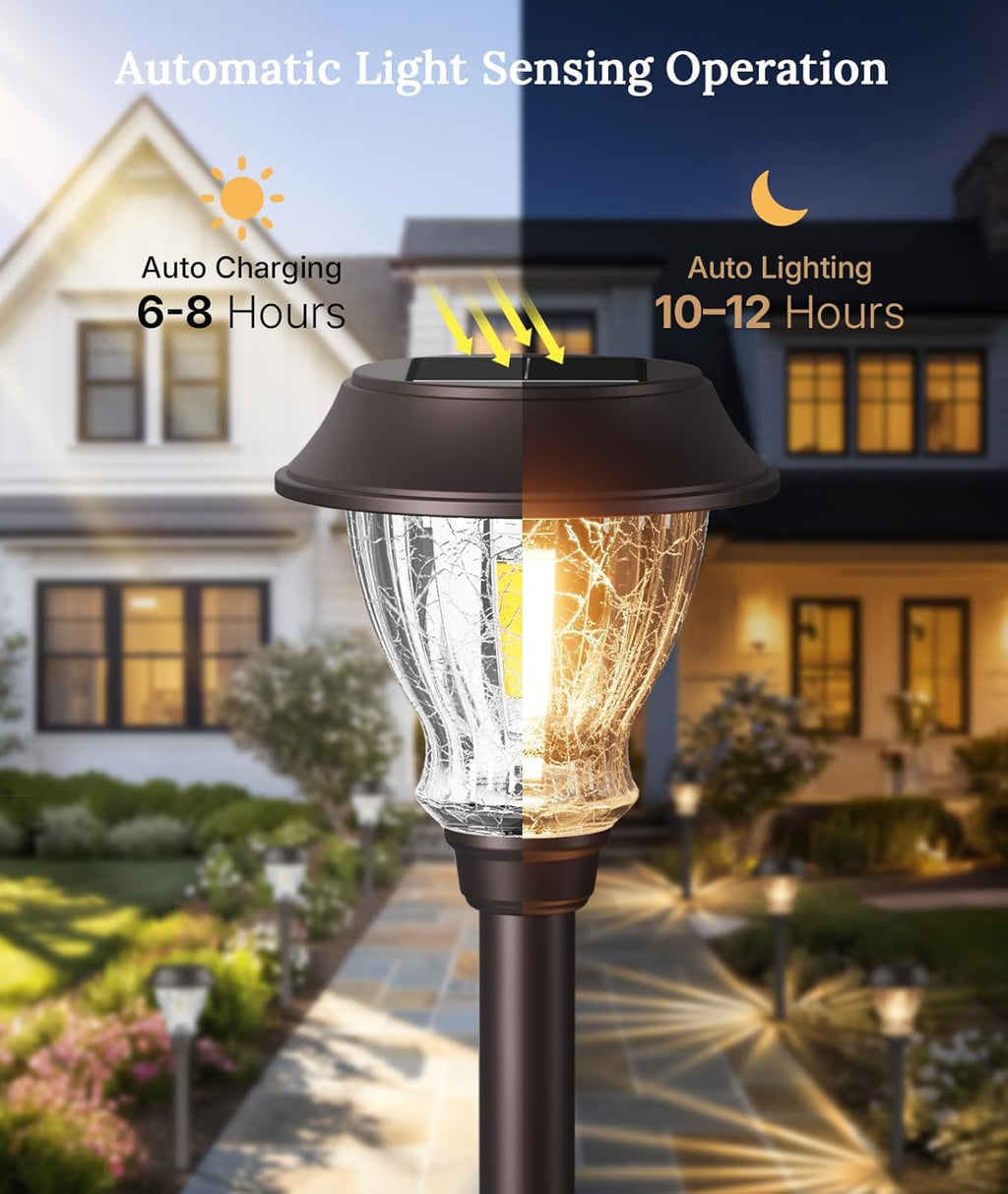 XMCOSY+ Solar Pathway Lights Outdoor, 6 Pack Decorative Crackled Glass Garden Lights, Soft Warm White Glow, Auto On/Off LED Waterproof Landscape Lighting for Yard Walkway Patio