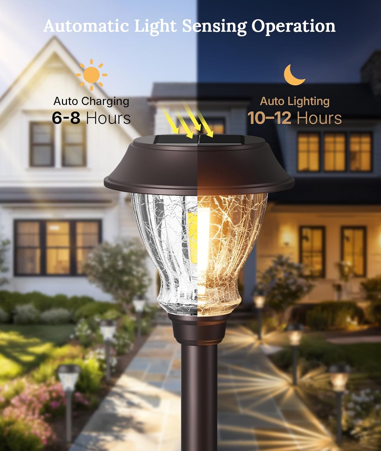 XMCOSY+ Solar Pathway Lights Outdoor, 6 Pack Decorative Crackled Glass Garden Lights, Soft Warm White Glow, Auto On/Off LED Waterproof Landscape Lighting for Yard Walkway Patio