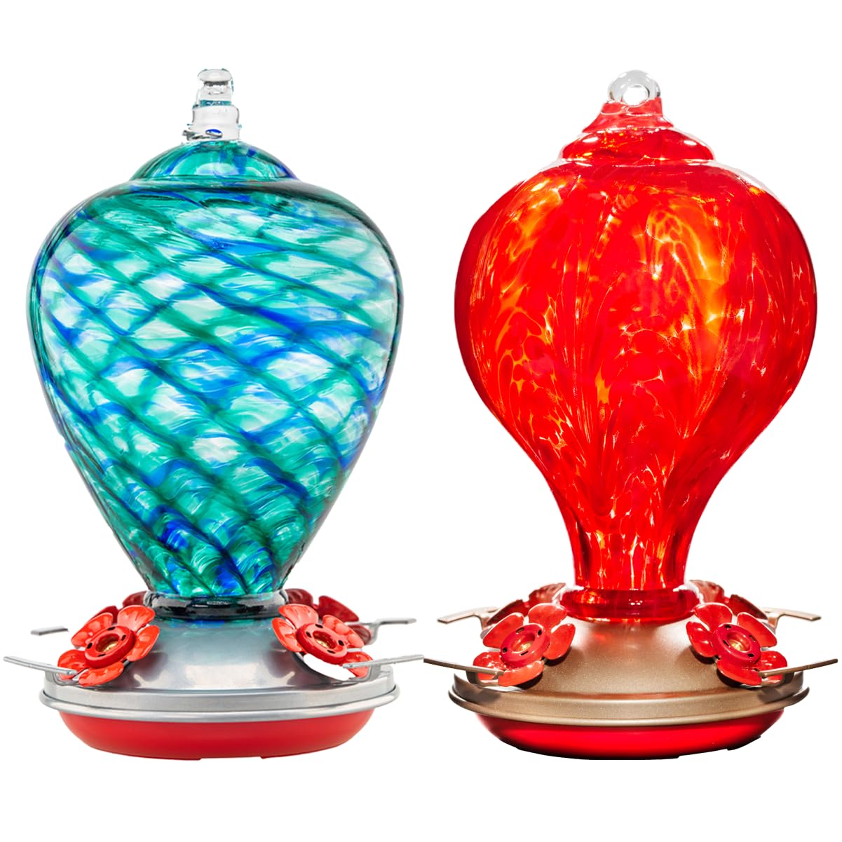 2 Packs Hummingbird Feeder for Outdoors Hanging Ant and Bee Proof, 32OZ & 34OZ, Hand Blown Glass Hummingbird Feeders for Outside, Blue & Teal