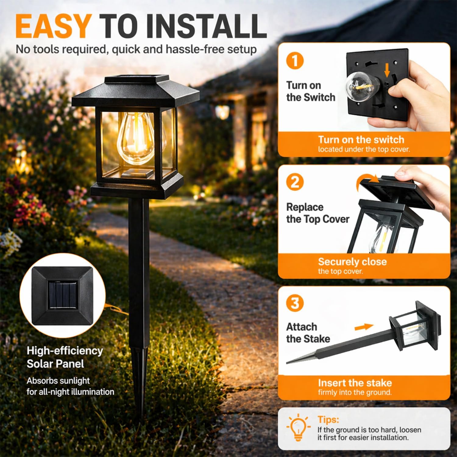 14-Pack Solar Pathway Lights - High-Efficiency Polycrystalline Panels for All-Night Glow - IP65 Waterproof Outdoor Landscape Lighting for Garden, Walkway & Driveway Security (Black)