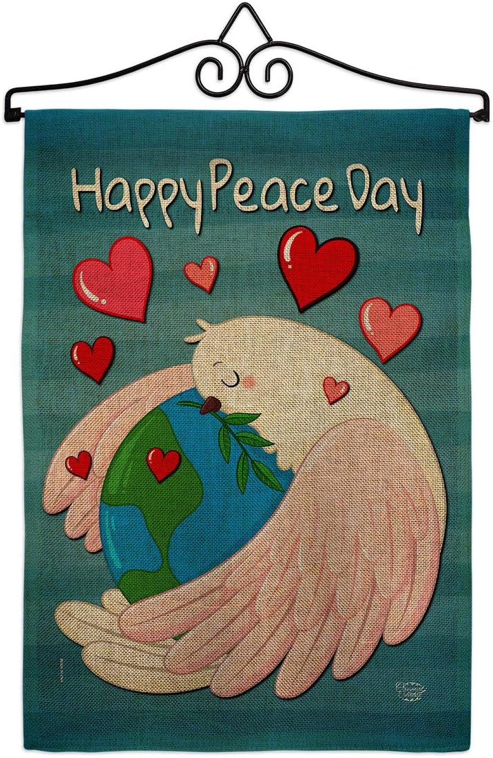Happy Peace Day Burlap Burlap Garden Flag Set Wall Holder Sweet Life Earth Support Environmental Protection Small Decorative Gift Yard House Banner Double-Sided Made In USA 13 X 18.5