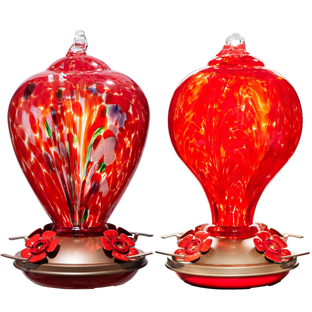 2 Packs Hummingbird Feeder for Outdoors Hanging Ant and Bee Proof, 32OZ & 34OZ, Hand Blown Glass Hummingbird Feeders for Outside, Blue & Teal