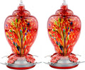 2 Pack Unique Hand Blown Glass Hummingbird Feeders for Outdoors Hanging Patio Garden Decorations Hummingbird Feeder with Ant Moat Hook Brush and Service Card (Blue and Fire)