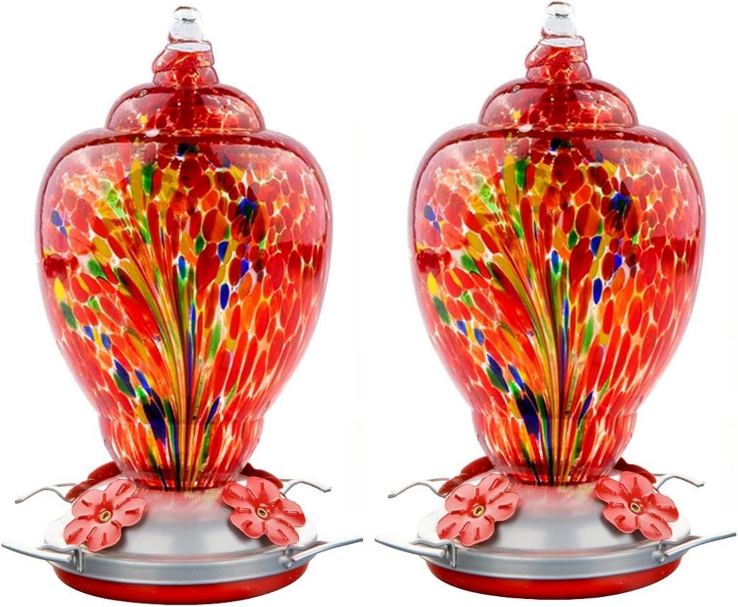 2 Pack Unique Hand Blown Glass Hummingbird Feeders for Outdoors Hanging Patio Garden Decorations Hummingbird Feeder with Ant Moat Hook Brush and Service Card (Blue and Fire)