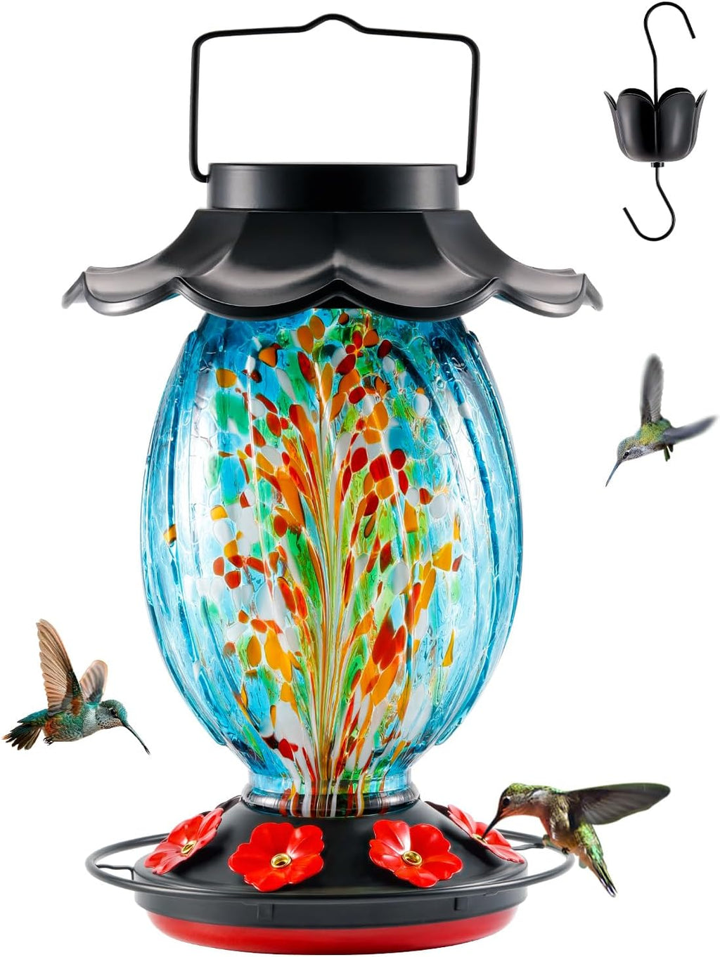 HouseSapp Solar Hummingbird Feeder - 49 fl.oz Hand Blown Glass Color Changing - 7 Feeding Ports with Perch - Never Leak - Perfect Hummingbird Feeder for Outdoors Hanging (Blue)