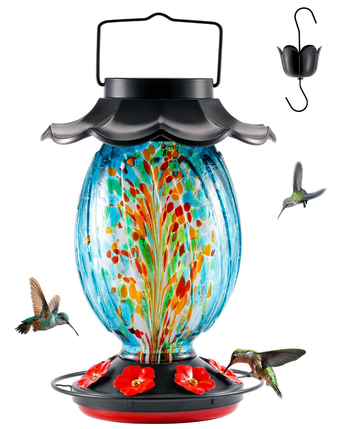 HouseSapp Solar Hummingbird Feeder - 49 fl.oz Hand Blown Glass Color Changing - 7 Feeding Ports with Perch - Never Leak - Perfect Hummingbird Feeder