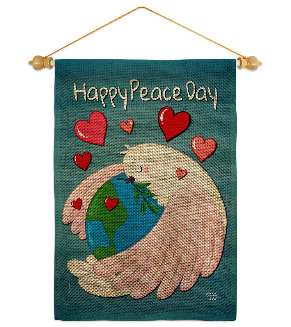 Happy Peace Day Burlap Burlap Garden Flag Set Wall Holder Sweet Life Earth Support Environmental Protection Small Decorative Gift Yard House Banner Double-Sided Made In USA 13 X 18.5