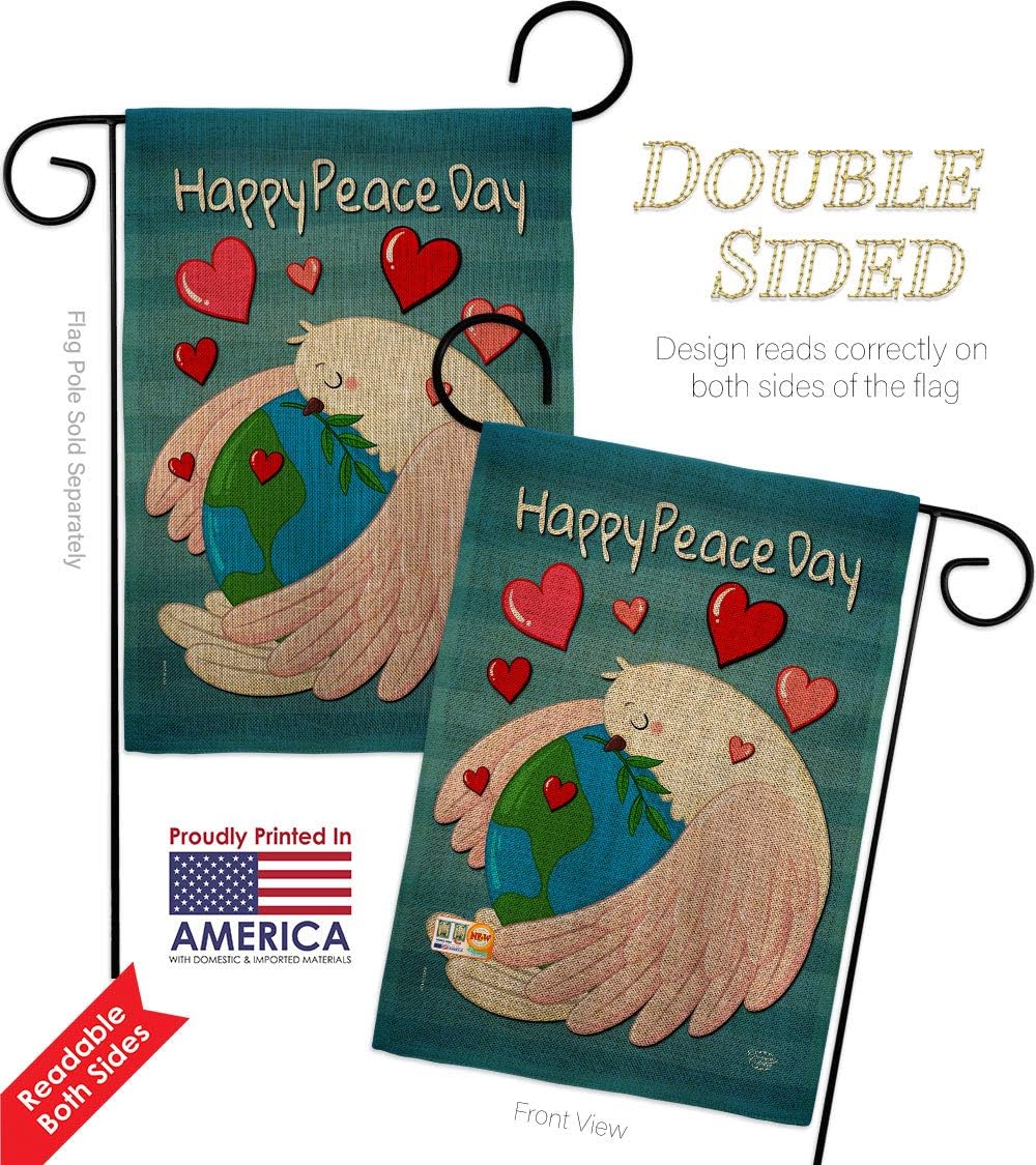 Happy Peace Day Burlap Burlap Garden Flag Set Wall Holder Sweet Life Earth Support Environmental Protection Small Decorative Gift Yard House Banner Double-Sided Made In USA 13 X 18.5