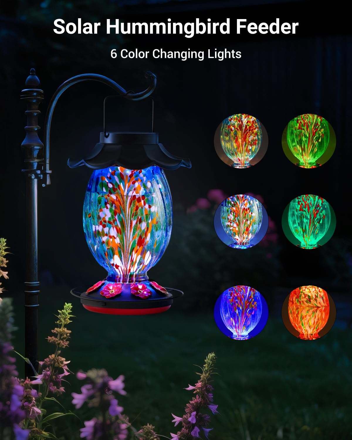 HouseSapp Solar Hummingbird Feeder - 49 fl.oz Hand Blown Glass Color Changing - 7 Feeding Ports with Perch - Never Leak - Perfect Hummingbird Feeder for Outdoors Hanging (Blue)