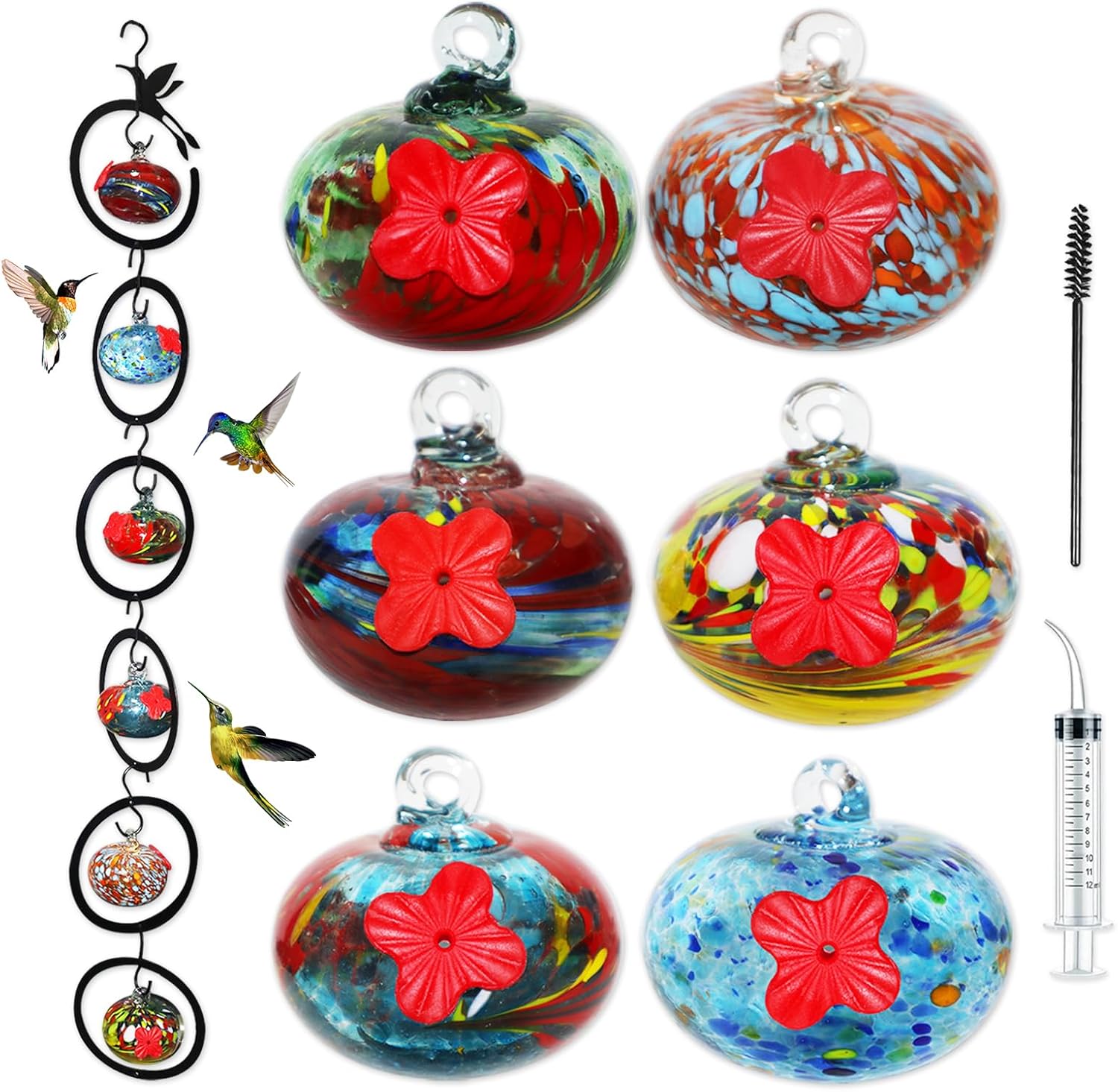 Glass Hummingbird Feeder for Outdoors 6 PCS Small Hand Blown Glass Bird Feeding Balls Hanging Wild Bird Feeders 5OZ x 6PCS Backyard Garden Decorations with Brush Injector