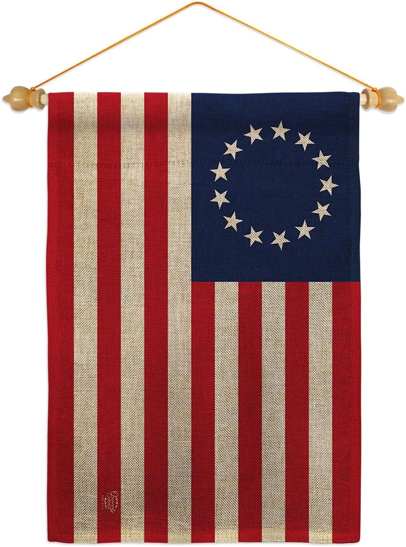 Betsy Ross Burlap Garden Flag Set Wood Dowel Americana US Historic July Memorial Veteran Independence United State American Small Decorative Gift Yard House Banner Double-Sided Made In USA 13 X 18.5
