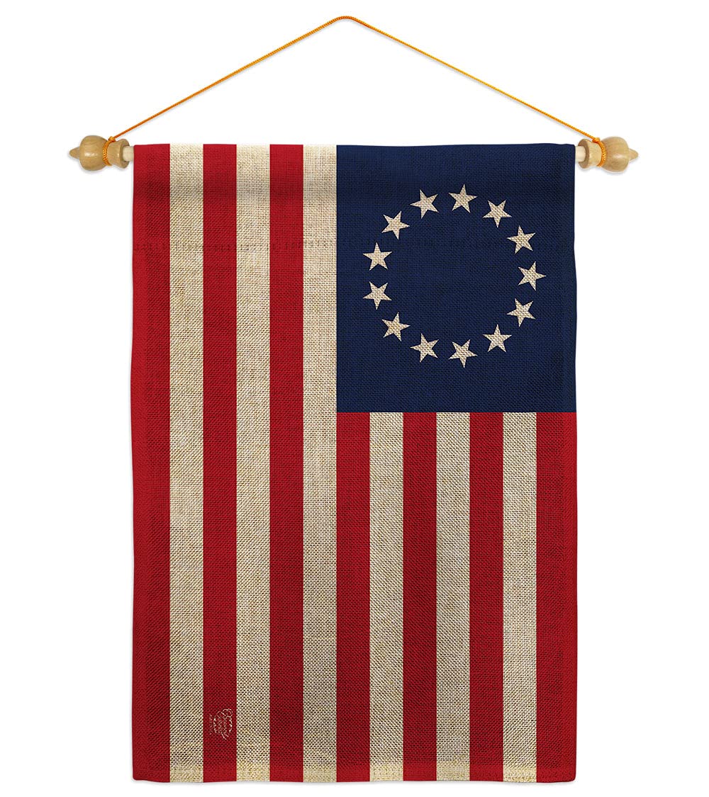 Betsy Ross Burlap Garden Flag Set Wood Dowel Americana US Historic July Memorial Veteran Independence United State American Small Decorative Gift Yard House Banner Double-Sided Made In USA 13 X 18.5