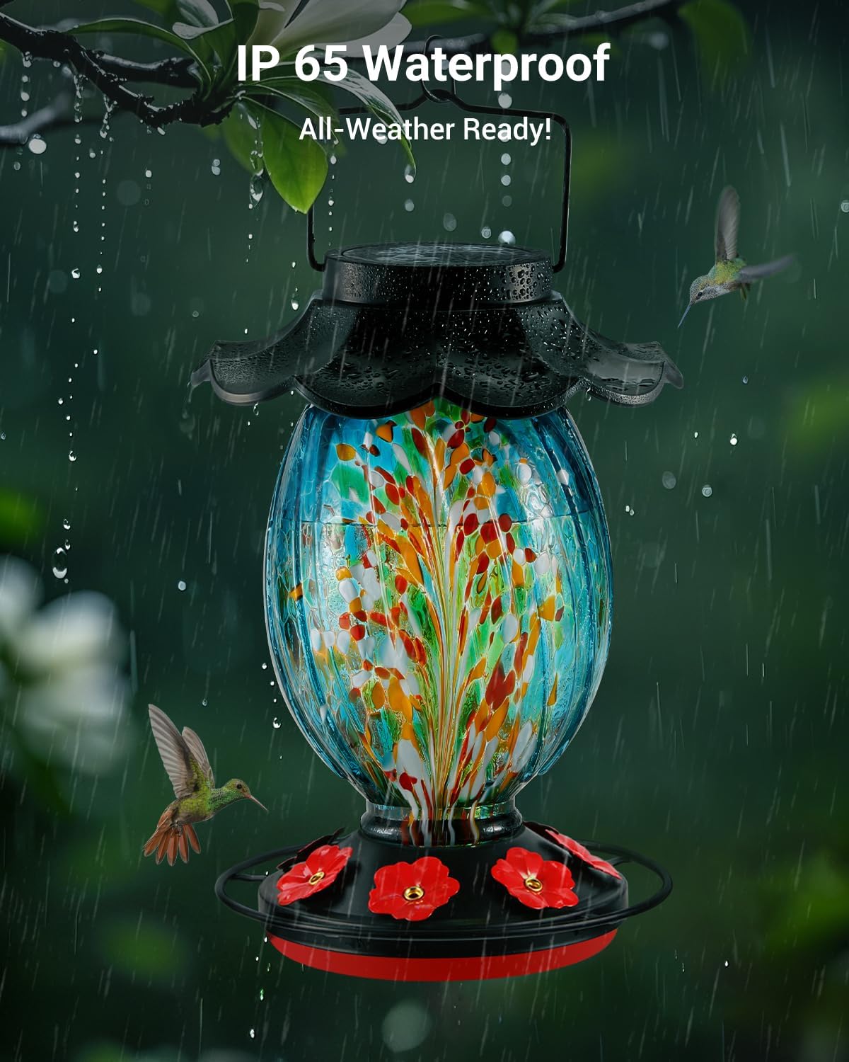 HouseSapp Solar Hummingbird Feeder - 49 fl.oz Hand Blown Glass Color Changing - 7 Feeding Ports with Perch - Never Leak - Perfect Hummingbird Feeder for Outdoors Hanging (Blue)