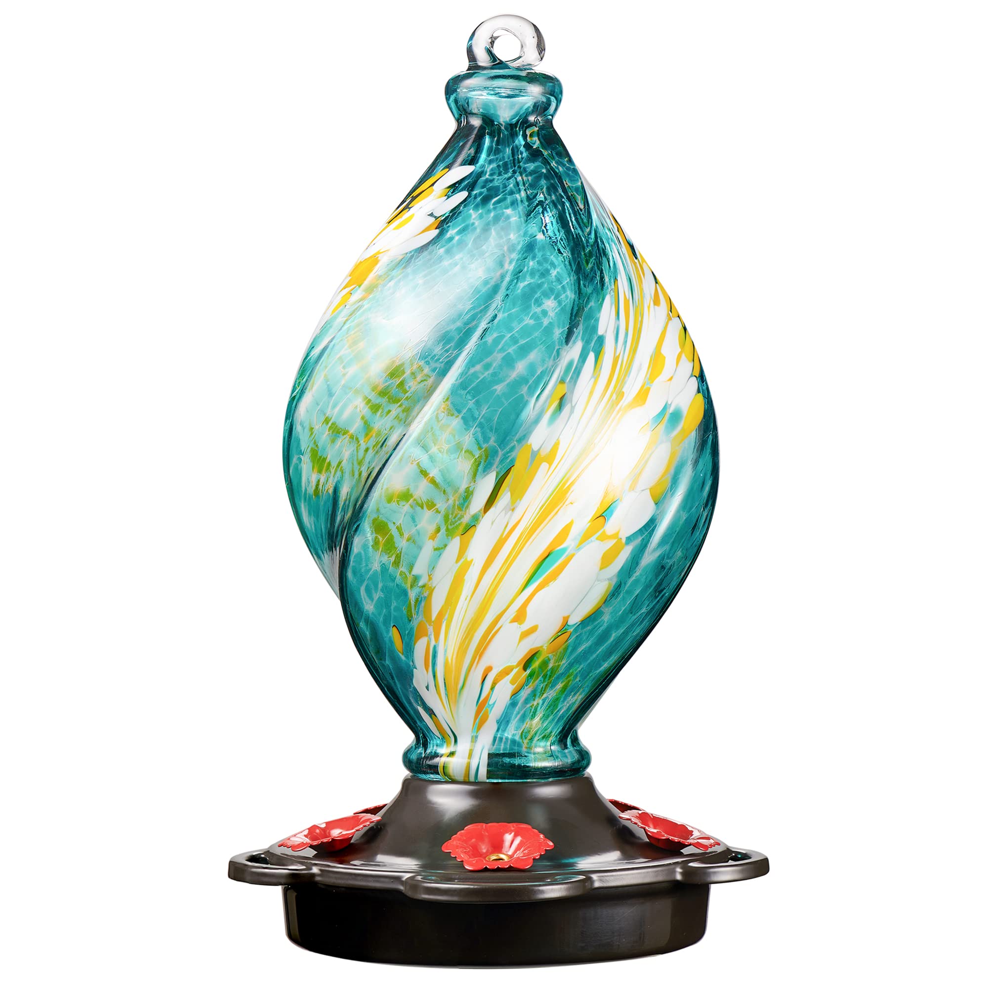 LUJII Ice Cream Shaped Spiral Hummingbird Feeder, Hand Blown Glass, 28 fl.oz, Leak Proof & Rustproof, Includes an Ant Moat for Outdoors Hanging, Unique & Stylish Garden, Outside & Backyard Decor (Red)
