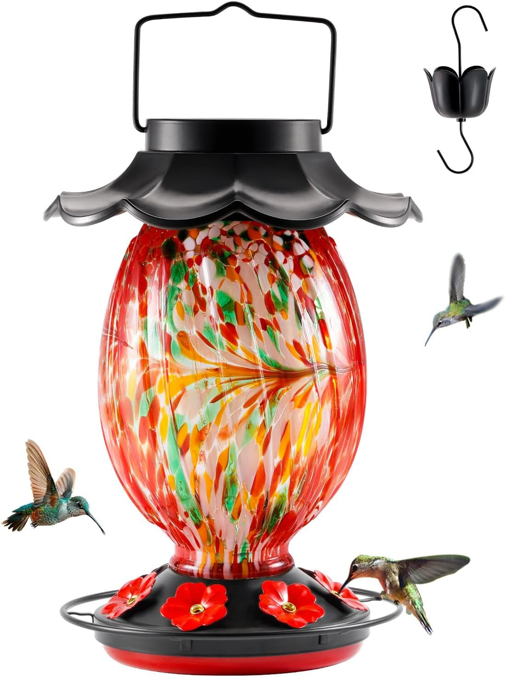 HouseSapp Solar Hummingbird Feeder - 49 fl.oz Hand Blown Glass Color Changing - 7 Feeding Ports with Perch - Never Leak - Perfect Hummingbird Feeder