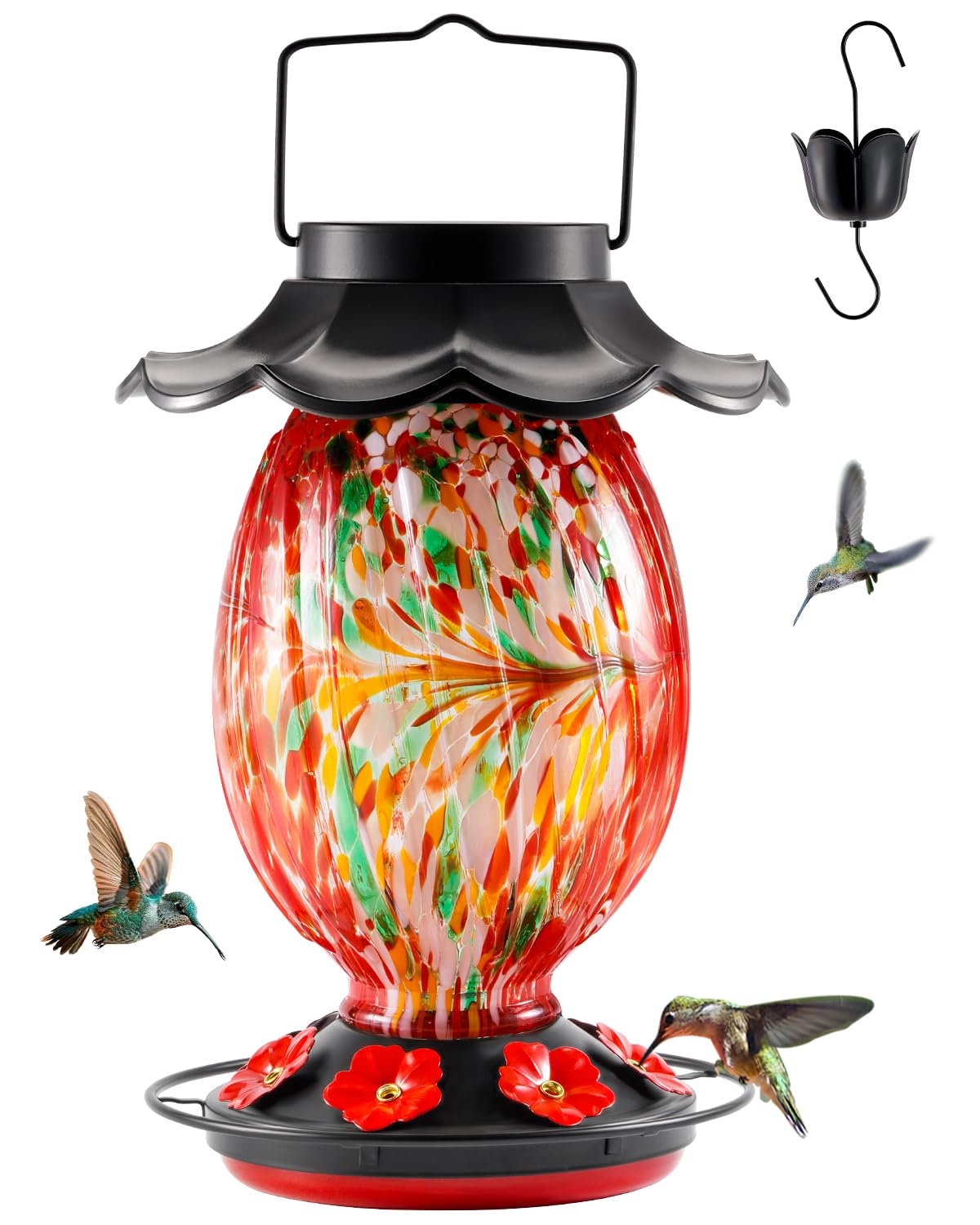 HouseSapp Solar Hummingbird Feeder - 49 fl.oz Hand Blown Glass Color Changing - 7 Feeding Ports with Perch - Never Leak - Perfect Hummingbird Feeder for Outdoors Hanging (Blue)