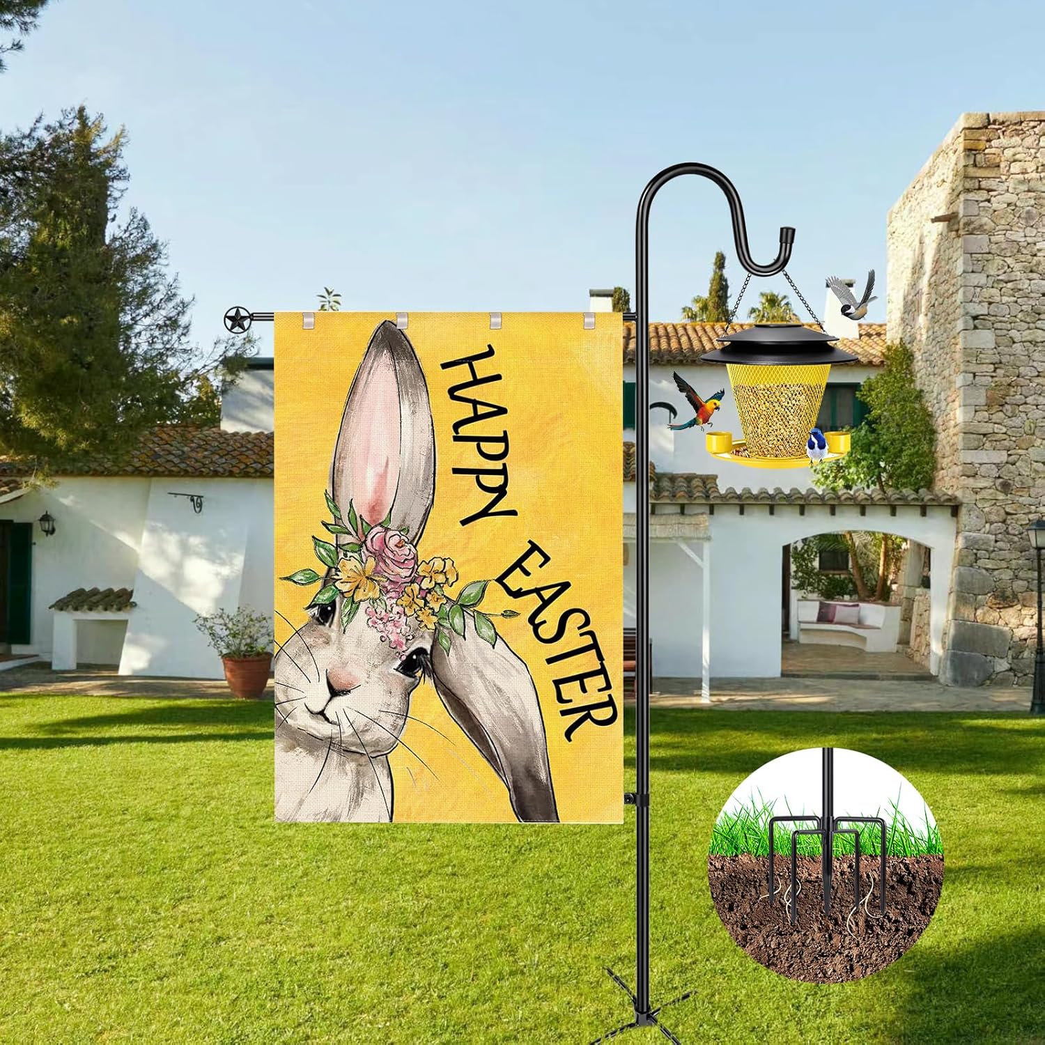 Garden Flag Stand for Outdoor,Heavy Duty Garden Flag Holder for 28x40 Flags, 62 Inches Gaden Flag Pole with Shepherd Hooks for Patio and Yard Decorations