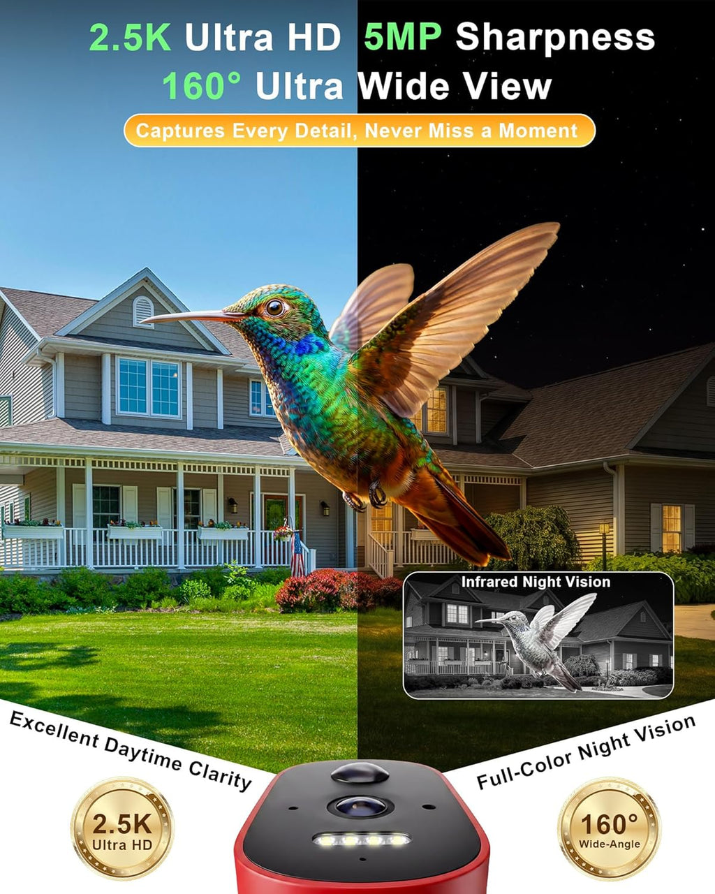 Hummingbird Feeder with Camera – 2.5K 5MP Solar-Powered Glass Bottle Smart Humming Bird Feeder with AI Recognition, Upgraded Leak-Proof & Ant Moat, Instant Alerts, Works with Alexa & Google Assistant