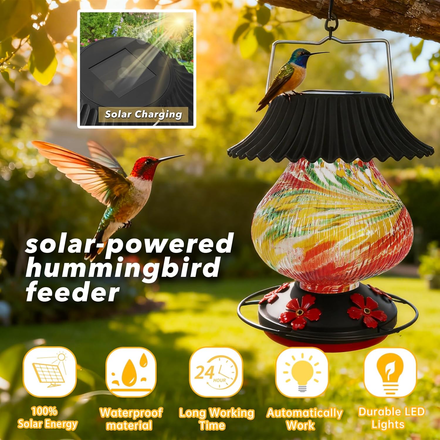 Solar Hummingbird Feeder-5 Feeding Ports with Perch, Hand Blown Glass Red Tree Sea Color Changing-Never Leak, Multicolor Night Lights – Perfect Hummingbird Feeder for Outdoors for Nature Enthusiasts