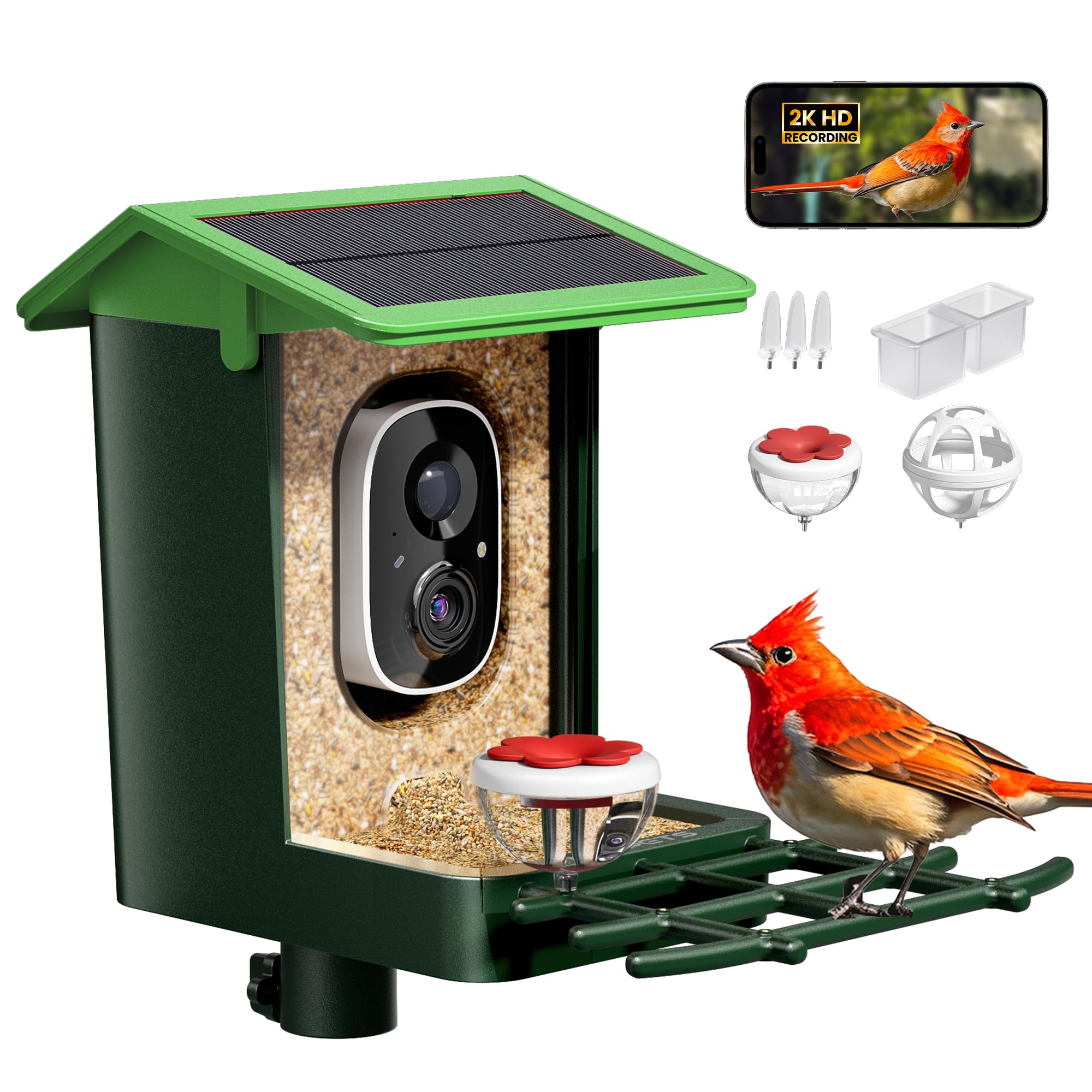 Smart Bird Feeder with Camera Solar Powered, 2K HD Video, AI Bird Species Identification, Instant Arrival Alerts, Weatherproof Design for Effortless Birdwatching, Gift for Fathers Day, Red