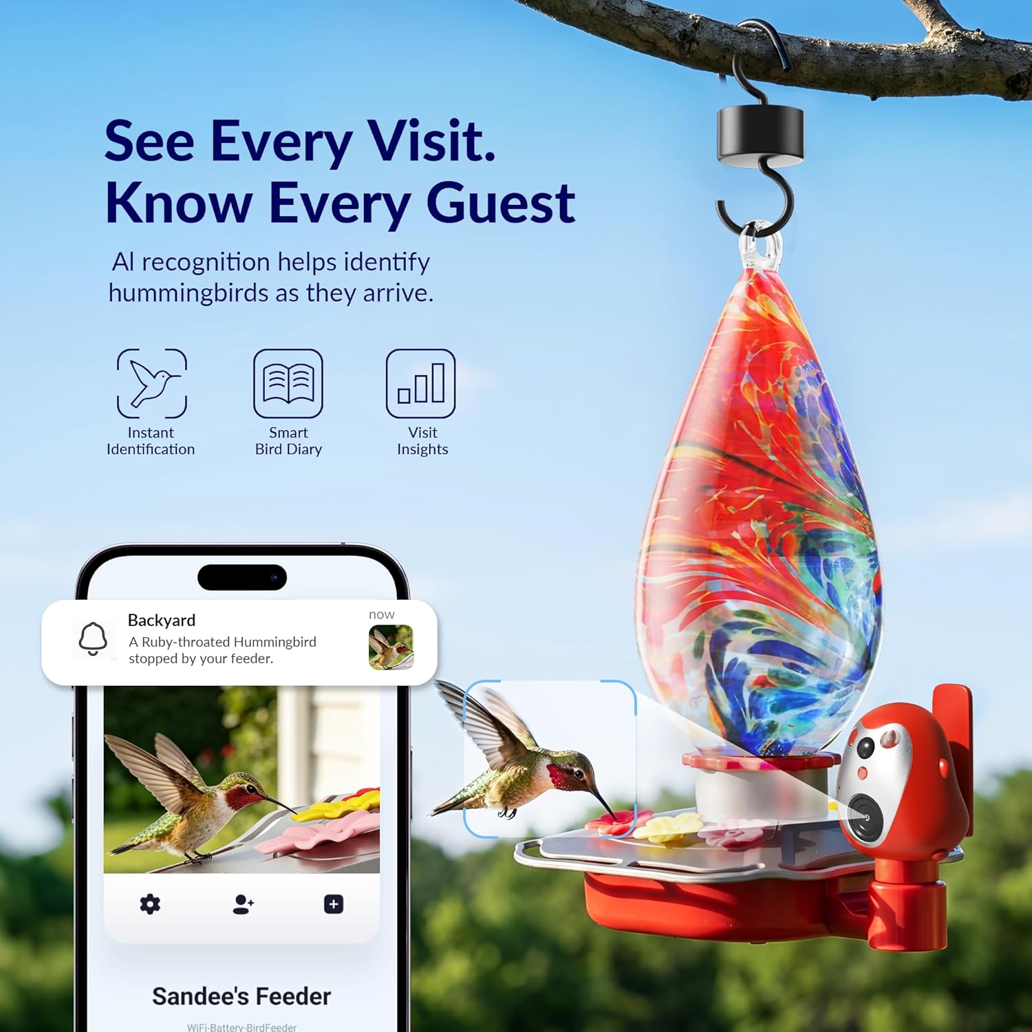 Glass Smart Hummingbird Feeder with Camera - 350+ AI Bird Identification, 2K QHD Video, Solar Powered, Nectar Level & Freshness Alerts, Leakproof Base & Ant Moat, Gift for Bird Lovers