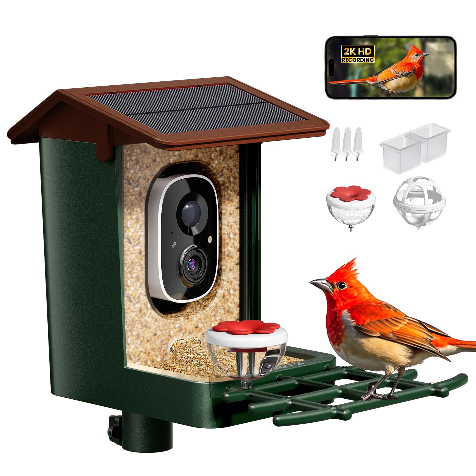 Smart Bird Feeder with Camera Solar Powered, 2K HD Video, AI Bird Species Identification, Instant Arrival Alerts, Weatherproof Design for Effortless Birdwatching, Gift for Fathers Day, Red