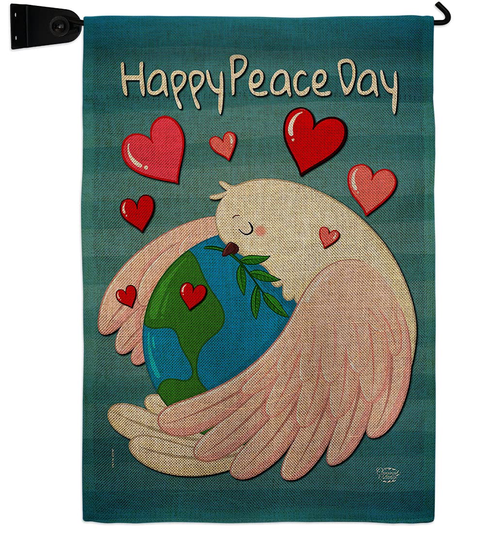 Happy Peace Day Burlap Burlap Garden Flag Set Wall Holder Sweet Life Earth Support Environmental Protection Small Decorative Gift Yard House Banner Double-Sided Made In USA 13 X 18.5