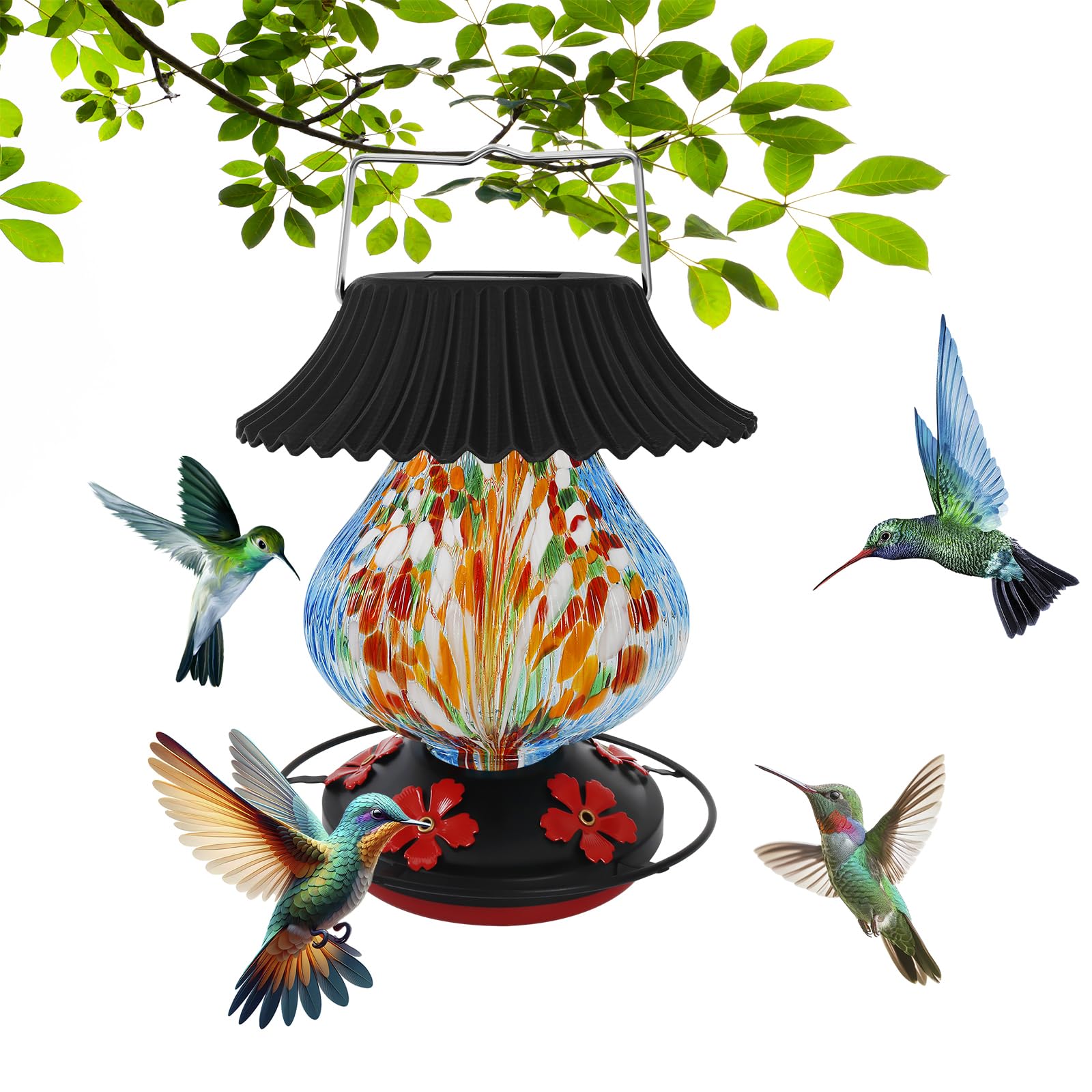 Solar Hummingbird Feeder-5 Feeding Ports with Perch, Hand Blown Glass Red Tree Sea Color Changing-Never Leak, Multicolor Night Lights – Perfect Hummingbird Feeder for Outdoors for Nature Enthusiasts