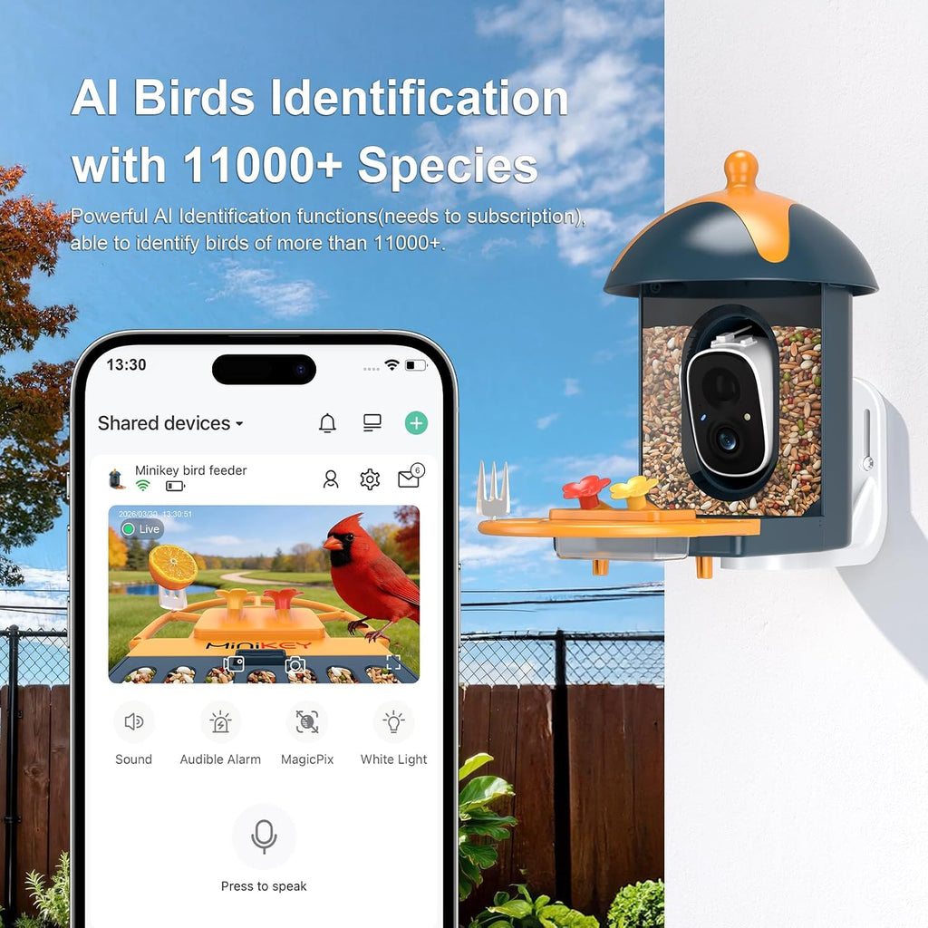 Smart Bird Feeder with Camera Outdoor Birdhouse: AI Identifies 11000+ Species, 2K HD with Arrival Alerts, Attracts Hummingbirds, Dual Squirrel-Proof, Solar Powered, Gifts for Bird Lovers Mom Dad(Blue)