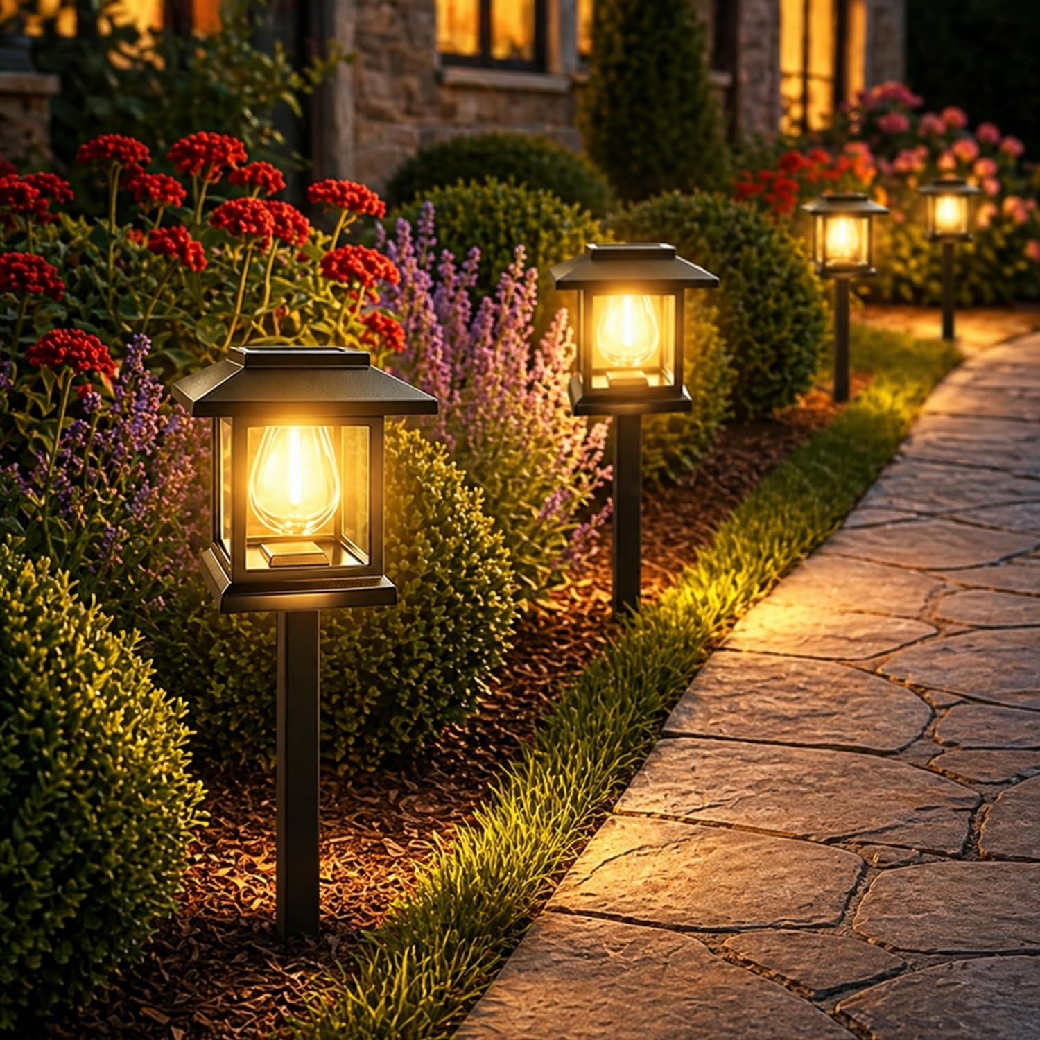 14-Pack Solar Pathway Lights - High-Efficiency Polycrystalline Panels for All-Night Glow - IP65 Waterproof Outdoor Landscape Lighting for Garden, Walkway & Driveway Security (Black)