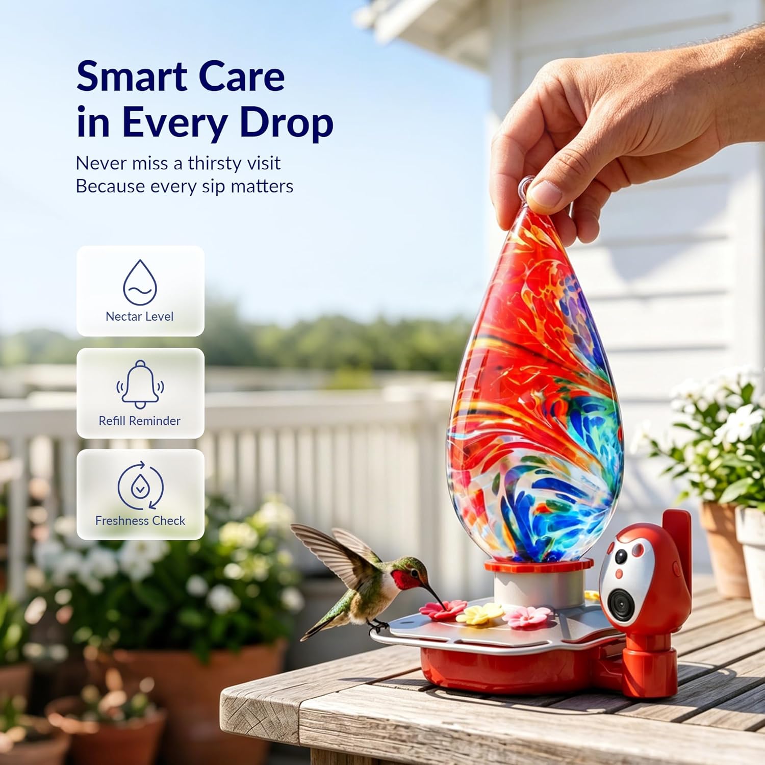 Glass Smart Hummingbird Feeder with Camera - 350+ AI Bird Identification, 2K QHD Video, Solar Powered, Nectar Level & Freshness Alerts, Leakproof Base & Ant Moat, Gift for Bird Lovers